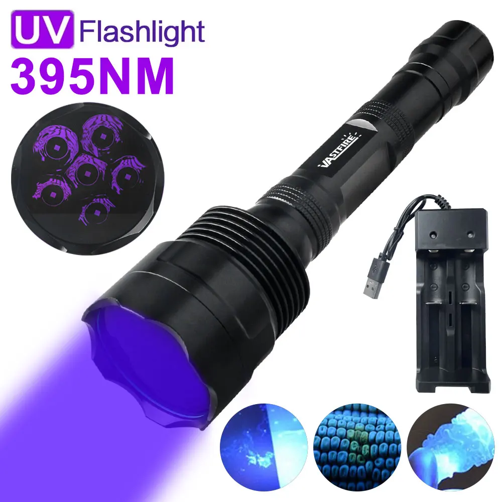 UV Flashlight 365nm 395nm Ultraviolet Torches Portable USB Rechargeable Violet Light black light 6-core 60W