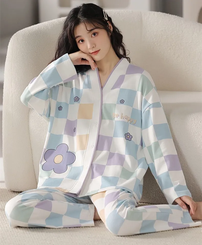 Spring Cotton Pajamas Women\'s Spring  Long-sleeved Home Loungewear Female Loose Casual Women Sleepwear Pajama Set Home Clothes