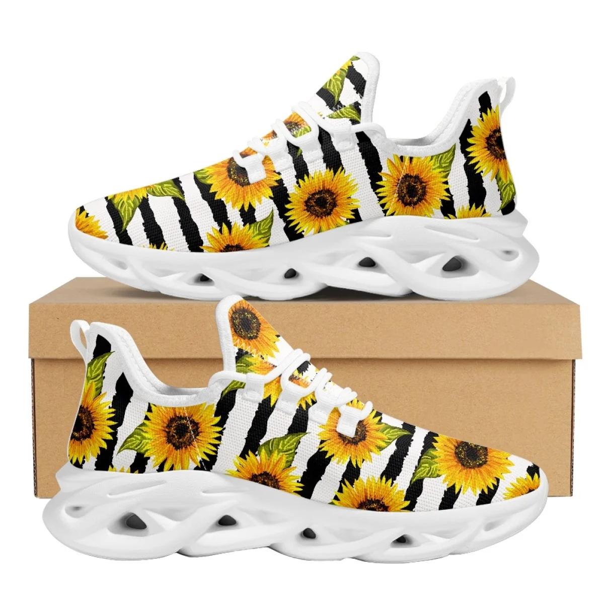 INSTANTARTS Sunflower Black and White Stripes Comfortable Flat Shoes Summer Breathable Cute Women's Sneakers Mesh Walking Shoes