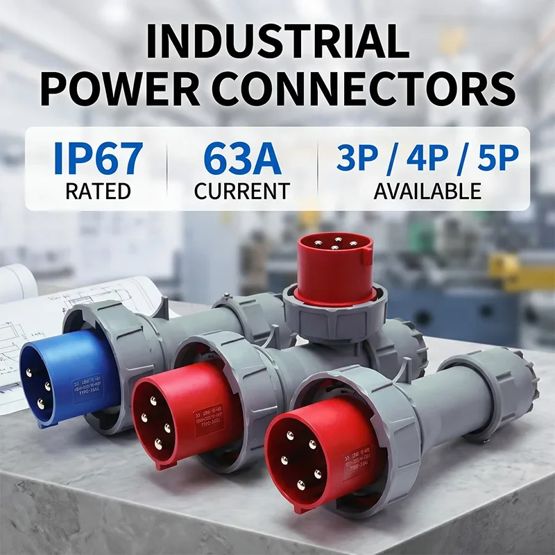63A IP67 Waterproof Industrial Power Connector – 3P/4P/5P 415V CEE Plug & Receptacle, Heavy Duty Copper Contacts for Factory