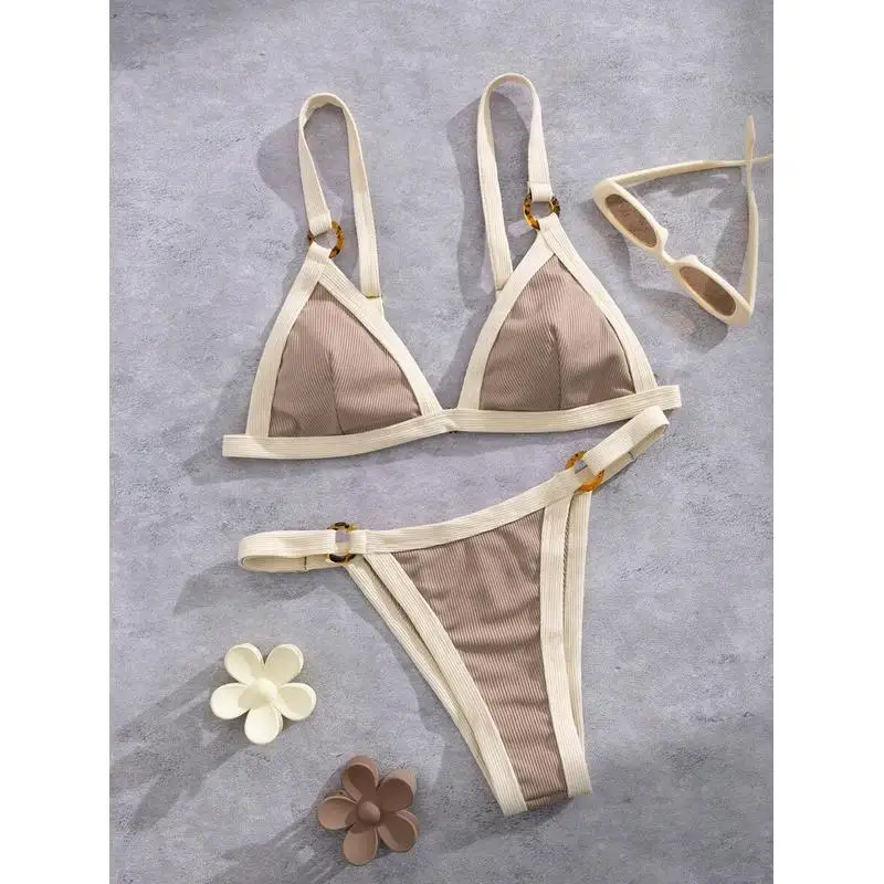 Women Ribbed O‑Ring Bikini Set Contrast Binding Wide Strap Triangle 2‑Piece Swimsuit Summer Beach Vacation Bathing Suit