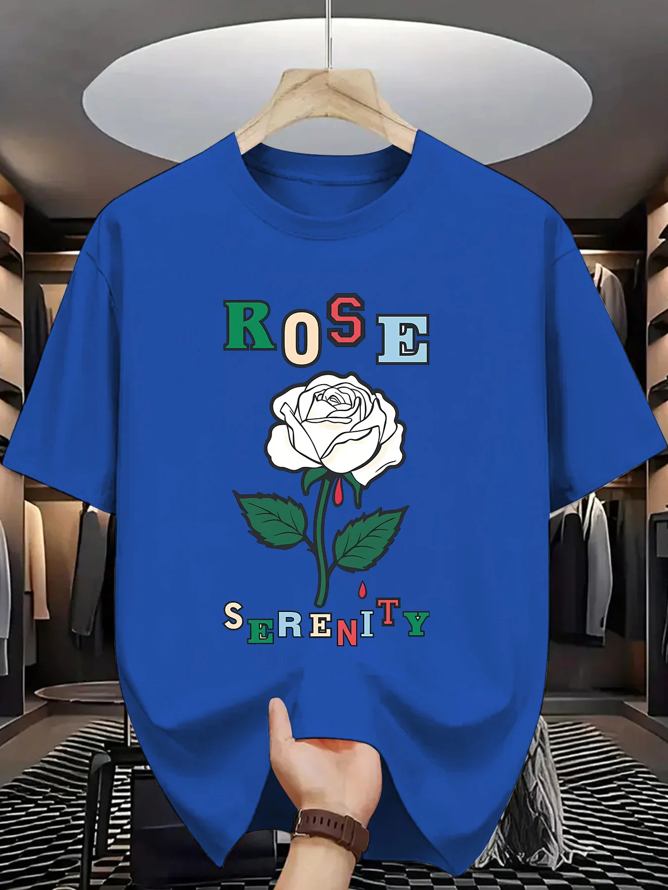 Flower Graphic T Shirt For Men White Rose Serenity Colorful Letter Crew Neck Tee Elegant Floral Art Print Casual Daily Tops