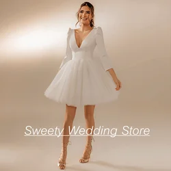 Mini Civil Wedding Dress Short Bride Dresses 3/4 Sleeves Deep V Neck Tulle A Line Little White Gown Eid Simple Bridal Gown