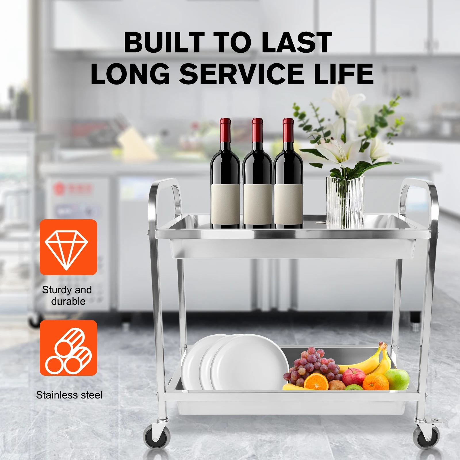 

Stainless Steel Utility Cart with Handle and Wheels Metal Mobile Food Rolling Cart for Kitchen Restaurant Hospital Lab and Hotel