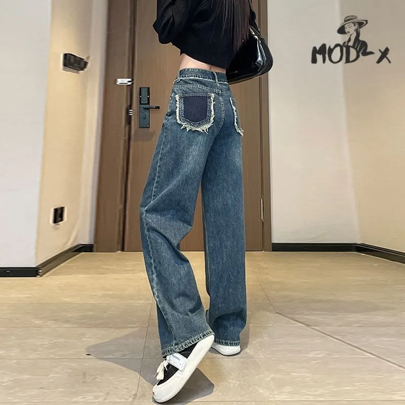 Wide-leg Jeans with Tassel for Female Raw Edge High Waist Loose Straight Pants Color Pocket Design Mopping Pants Spring New Styl