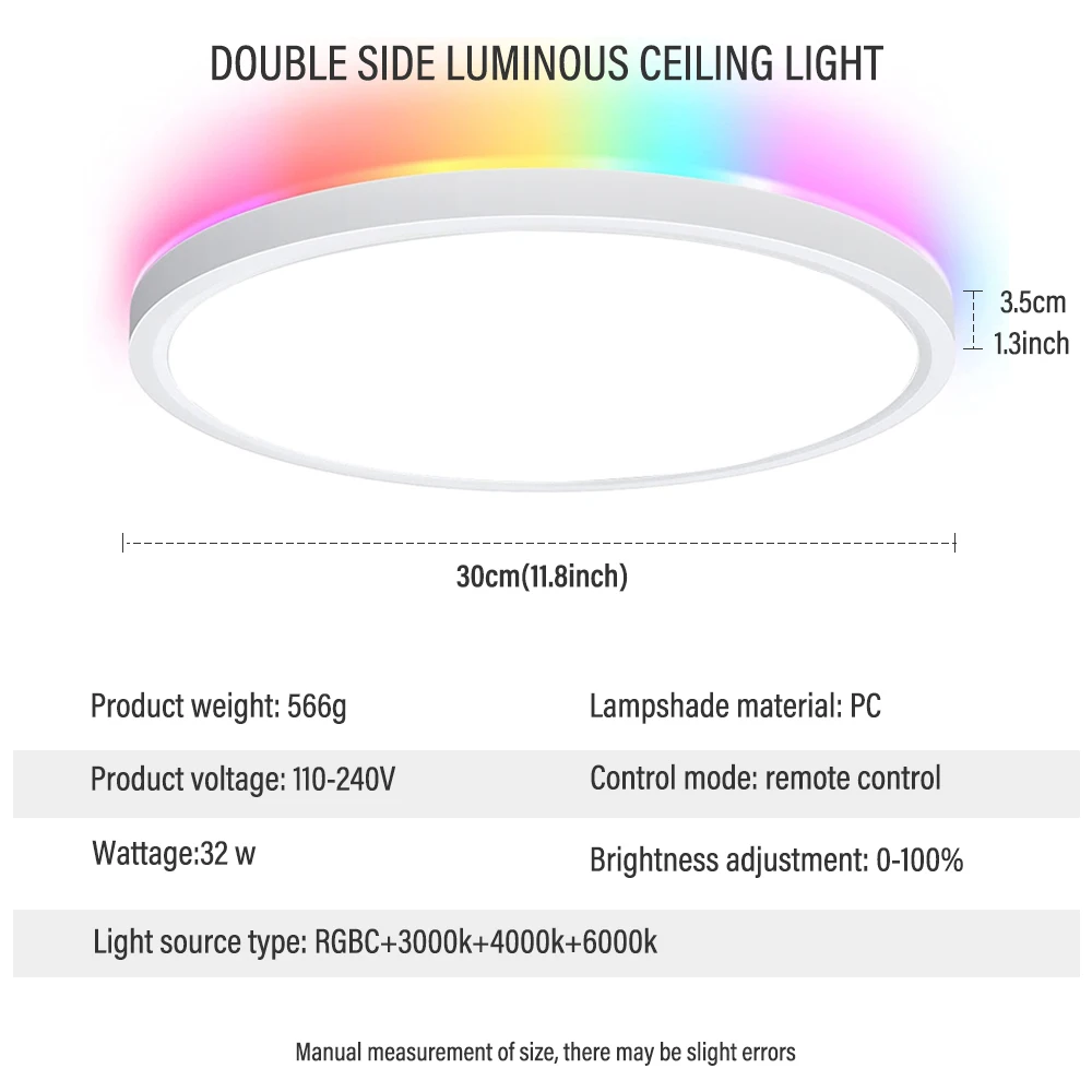 LED Round Ceiling Light Double Sided Lighting with Remote Control Dimmable RGB Backlight for Bedroom Kitchen Living Room Party