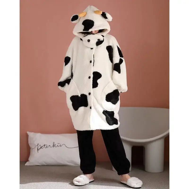 Weibliche Cartoon Kuh dicke Kapuze Nachthemd Kawaii Frauen Winter Roben nach Hause Kleidung Flanell Nachtwäsche Mädchen Tier Fleece Pyjama