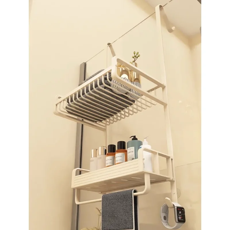oo-Simple Cream Wind Without Punching Bathroom Rack Bathroom 7 Hook Hanging Basket Toilet Shower Room Door Behind S Hook Rack