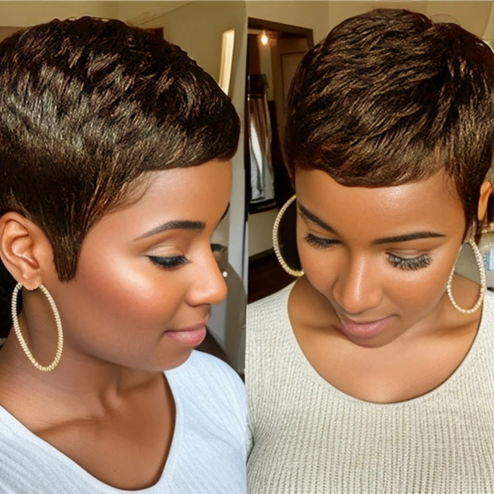 

Brown 99J Short Pixie Cut Human Hair Wig Layered Wavy Wigs Brazilian Virgin Machine Made Pixie Wigs
