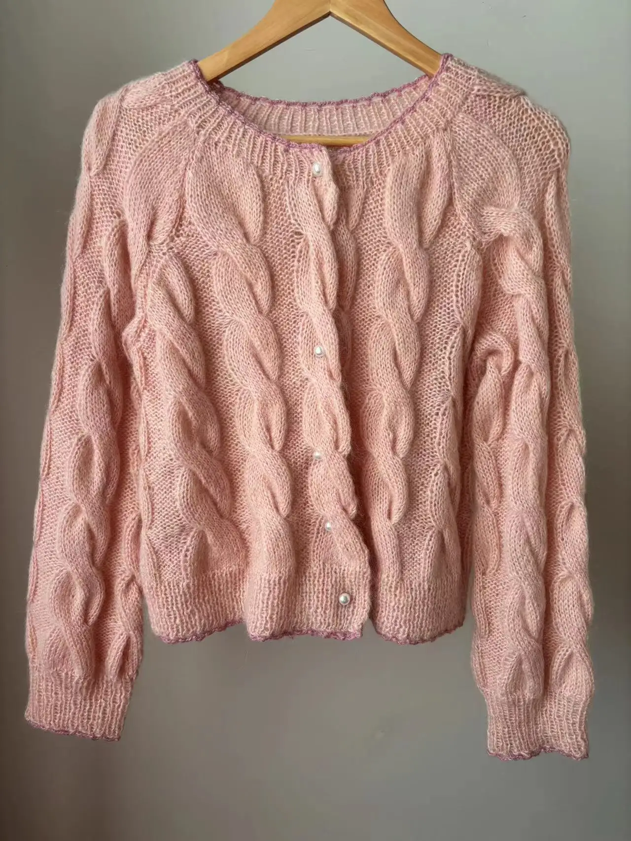 Maglione casual in mohair da donna, vestibilità ampia, giacca a maniche lunghe, top in tessuto fatto a mano, rosa chiaro, delicato e femminile