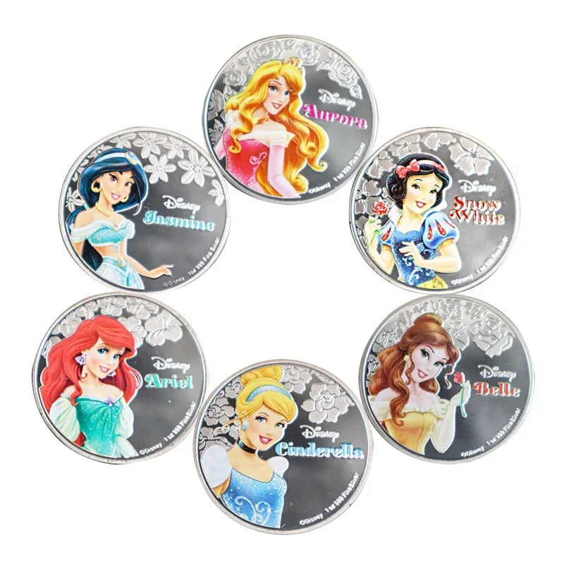 Disney Princess Commemorative Coin Action Anime Figures Ariel Belle Snow White Anna Elsa Cute Cartoon Ornaments Childrens Gifts