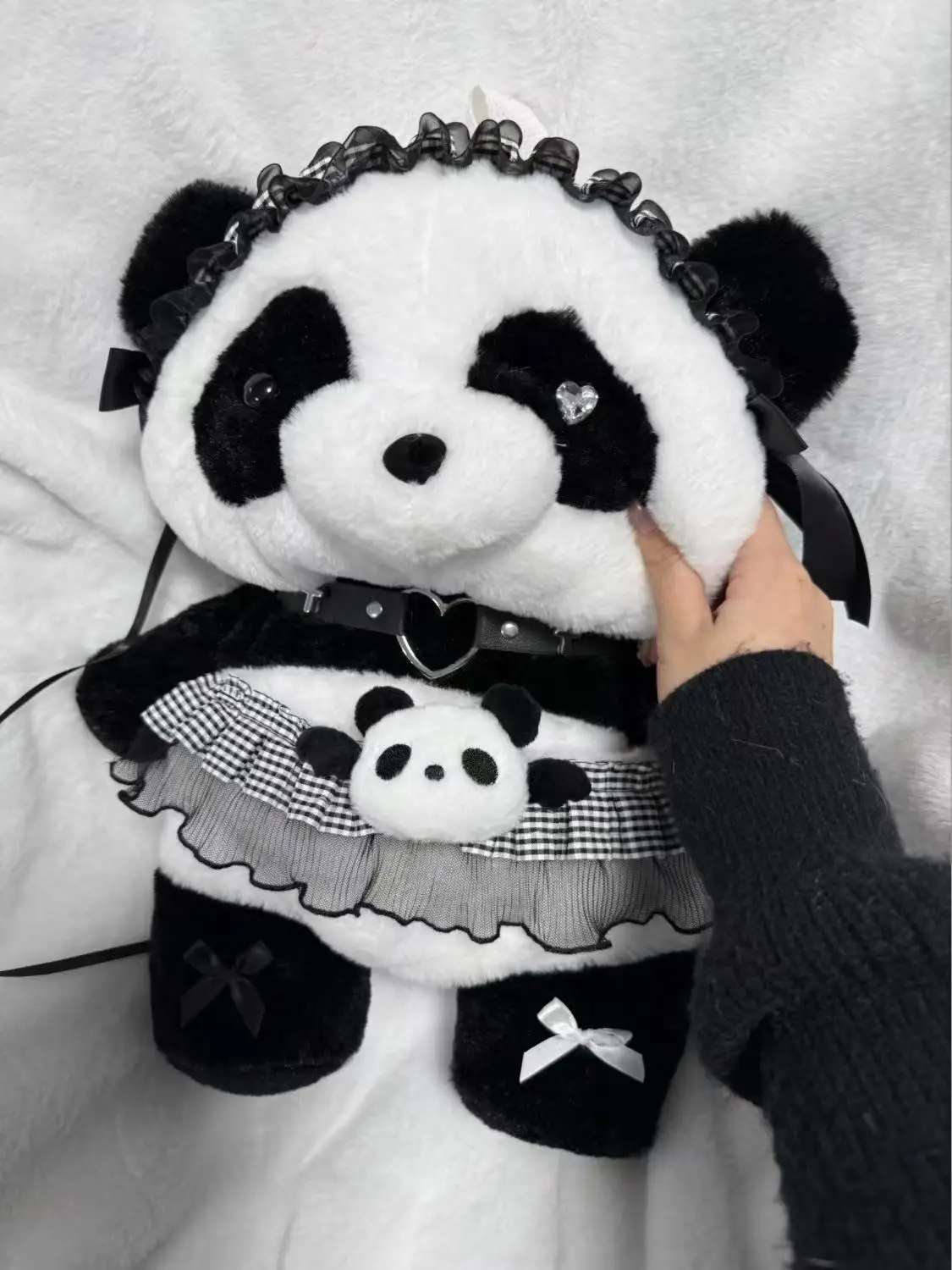 Black And White Checkered Headband Panda Bag Kawaii Subculture Accessory Y2k Lolita Jirai Kei Fashion Landmine Style Backpack