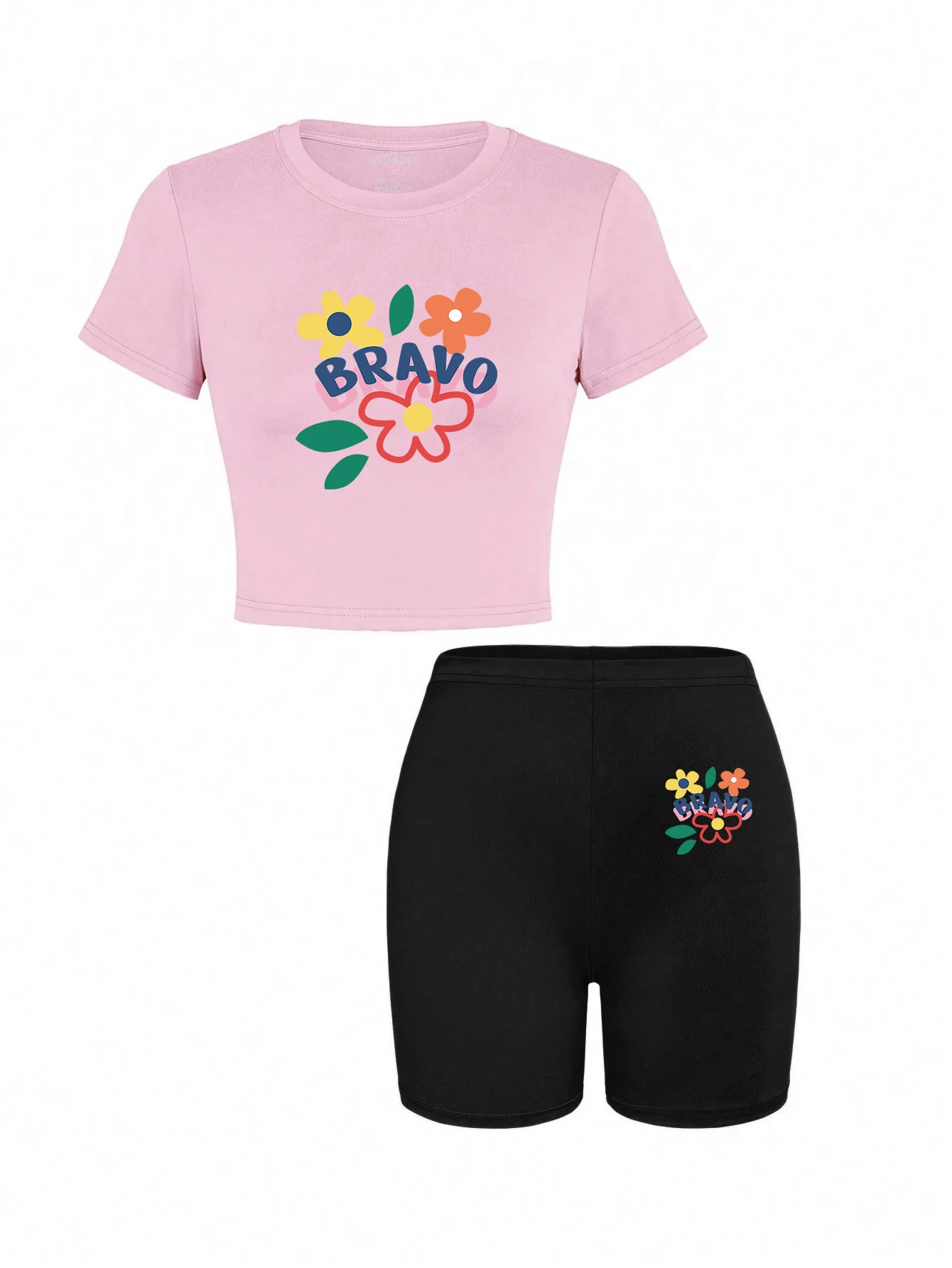 الزهور الملونة طباعة سليم تي شيرت مجموعة المرأة الصيف كول Crewneck الملابس العصرية سليم بدلة قصيرة كل مباراة المحاصيل تي شيرت