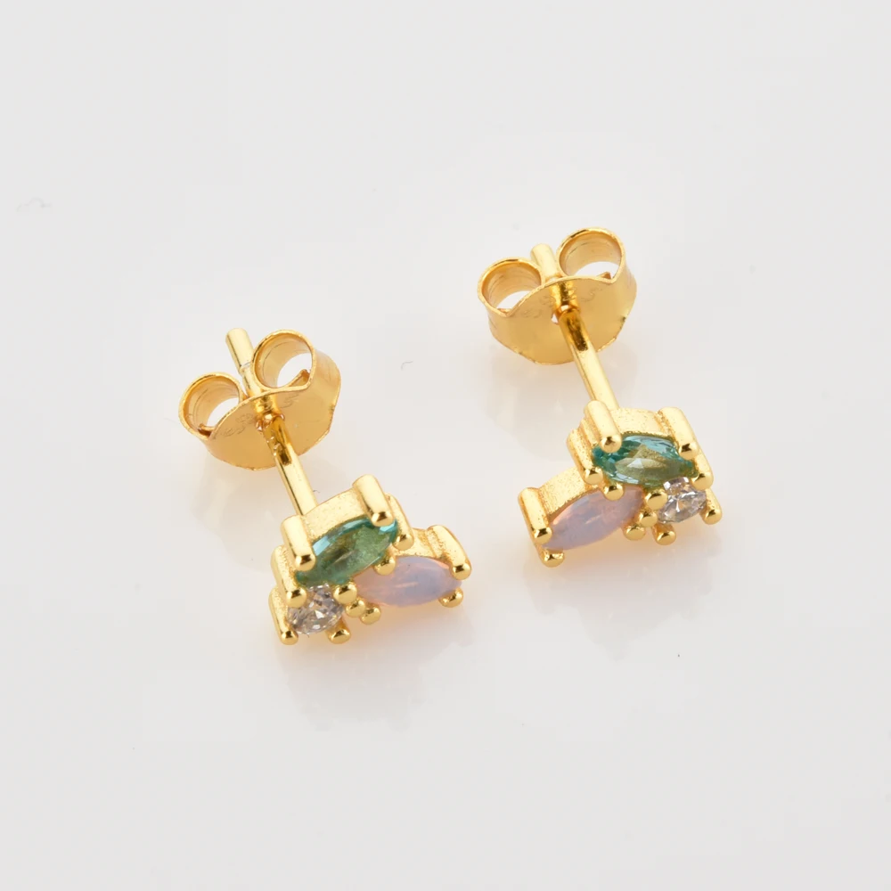 ANDYWEN 925 Sterling Silver Gold Rainbow CZ Three Zircon Rainbow Stud Earring Piercing Pendiente Luxury Jewelry For Women