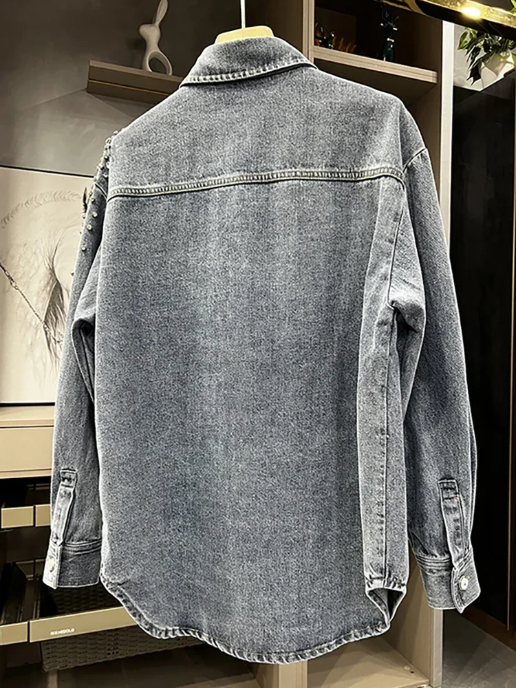 Women's Denim Shirt Patchwork Single Pocket Panelled Loose Long Sleeve Diamonds Blouse 2024 Summer New Fashion 29L2946