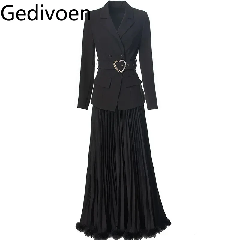 Gedivoen Autumn and winter Women's Suit Notched Long Sleeve Double-Breasted Top+Loose Waist Pleated Skirt 2 piece set With Belt