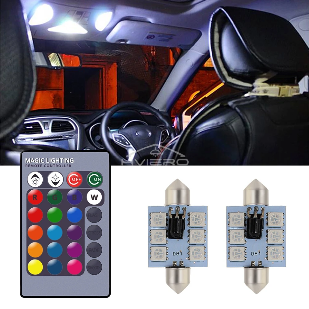 2X RGB 6SMD Roof Dome Festoon Reading Lamps C5w Car Auto Remote Controlled Atmosphere Led Welcome Light Turn Signal Trunk Bulb