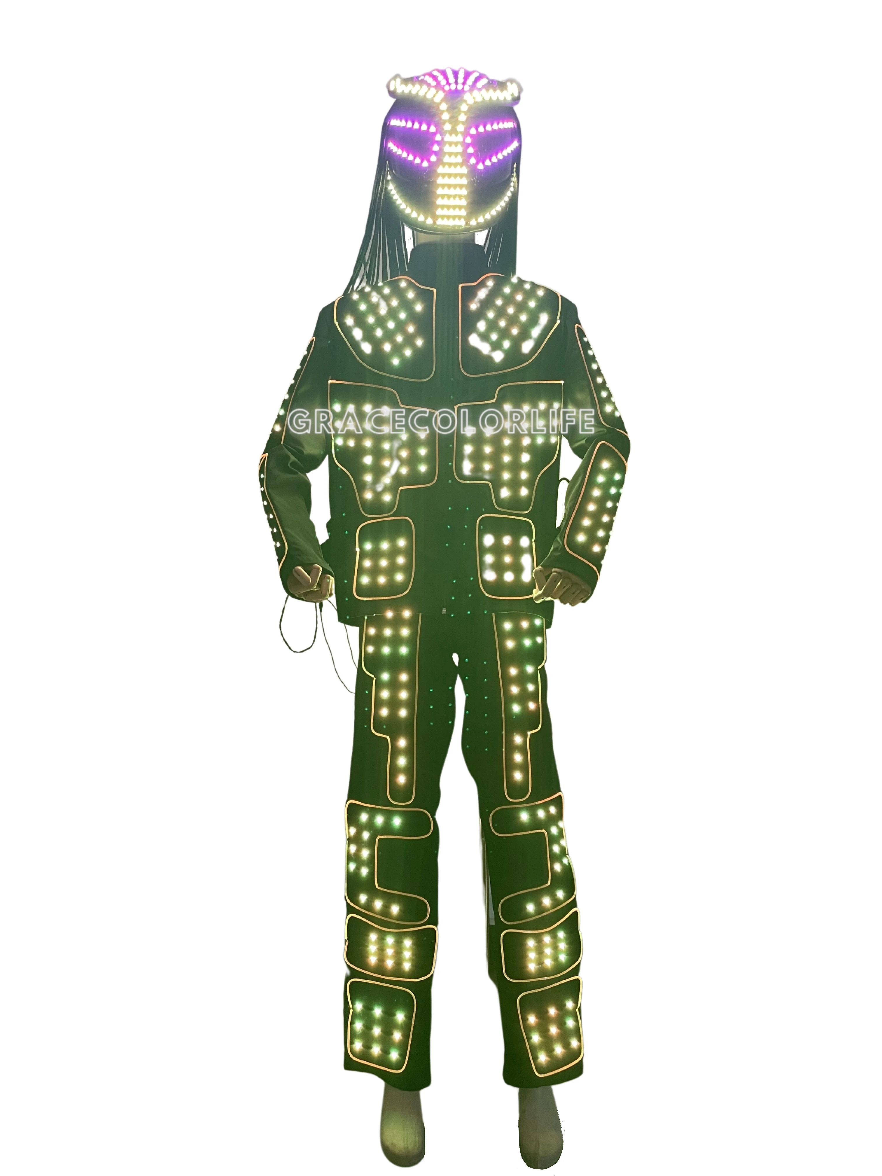 남성용 LED 로봇 라이트 파티 코스튬 성인용 헬멧 포함 발광 의상 공연용