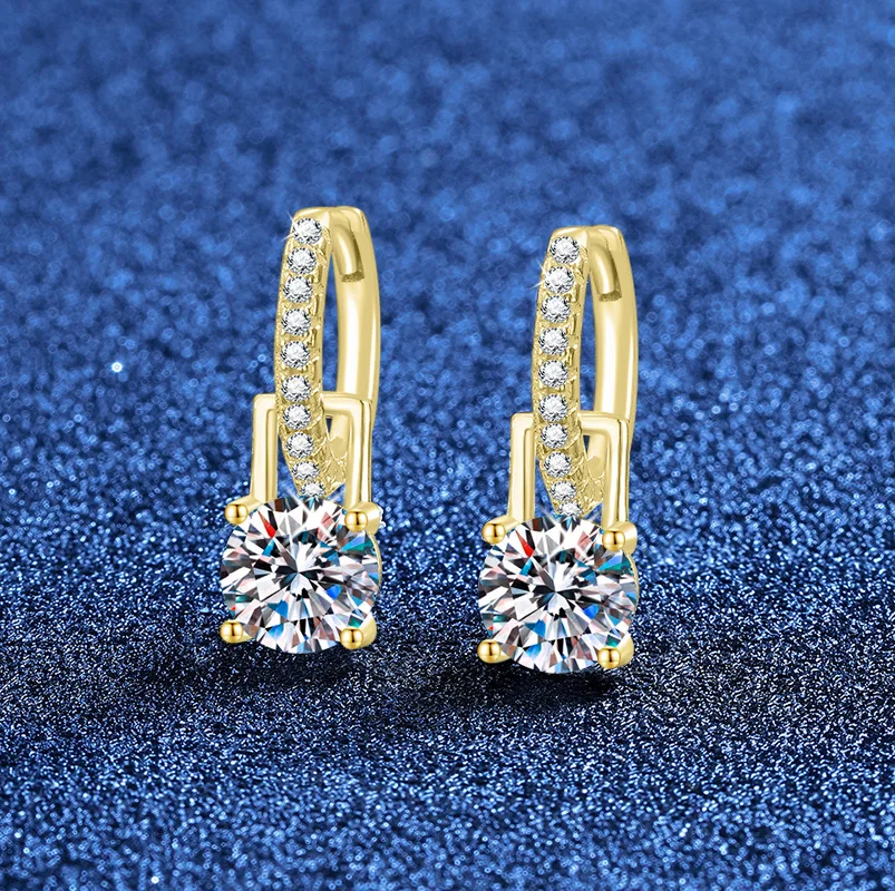 

European and American Platinum PT950 18K Gold Earrings, Gold Color, One Pair To Wear, 2-carat D-color Moissanite Earrings