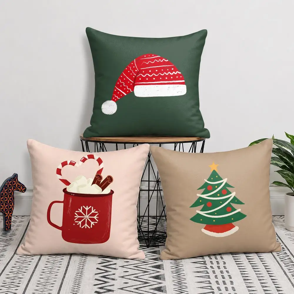 Christmas Hat and Balls Cushion Cover Soft Short Plush Double-Sided Printing Home Decor Festival Party Pillow Case Gift