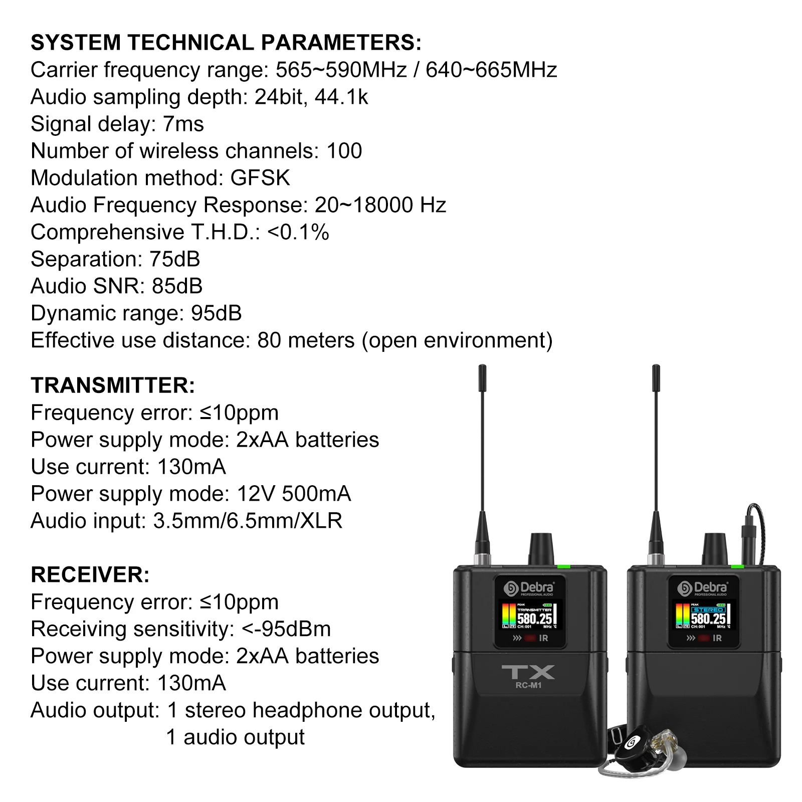 Debra New RC-EM1 UHF Stereo Wireless In-Ear Monitoring System, arbeitet im Frequenzbereich 565–590 MHz, entwickelt für Bands und Live-Übertragungen. – Detail 13