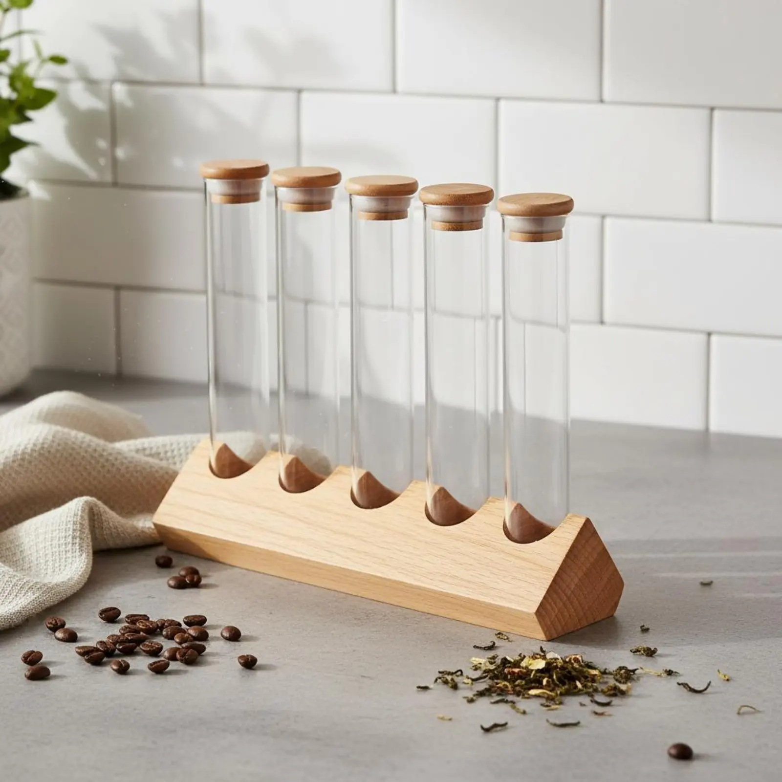 Glass Tube Container Set with Wooden Stand Space-Saving Glass Tube Wooden Rack Set Coffee Bean Display Stand Sealed Freshness view 5