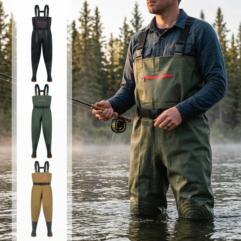 Durable PVC Fishing Waders Suit Thicken Adjustable Chest Waders Double Knee Pads with Boot Fishing Wading Pants Beach Activities