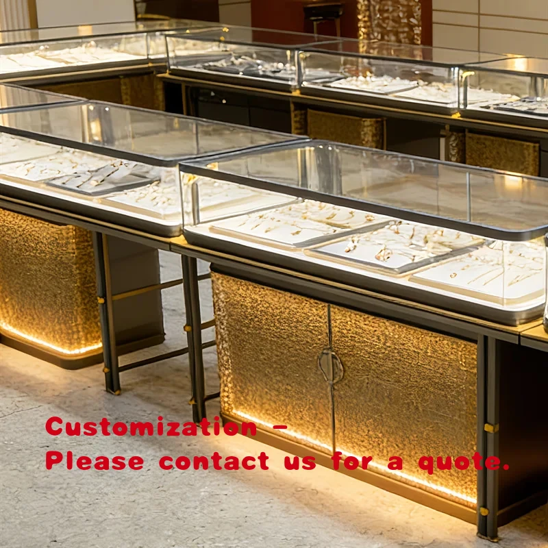 custom.Illuminated Golden Hollow-Out High End Jewelry Showcases LED Lighted Perforated Metal Fine Gems Cabinet Luxury Boutiq