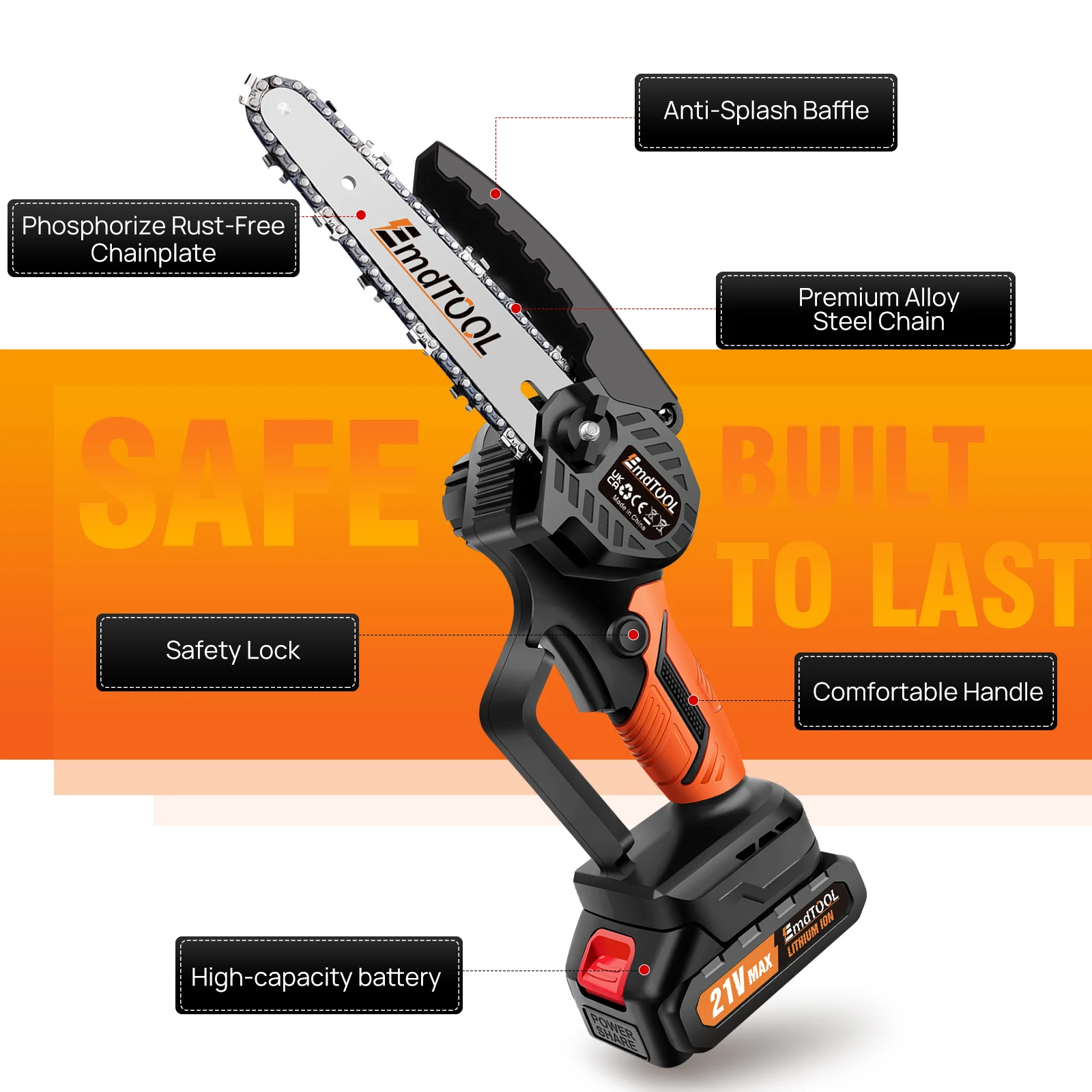EMDTOOL 6 بوصة منشار كهربائي صغير 21 فولت منشار يدوي كهربائي لقطع الخشب وتشذيب الأشجار والبستنة مع بطارية قابلة للشحن