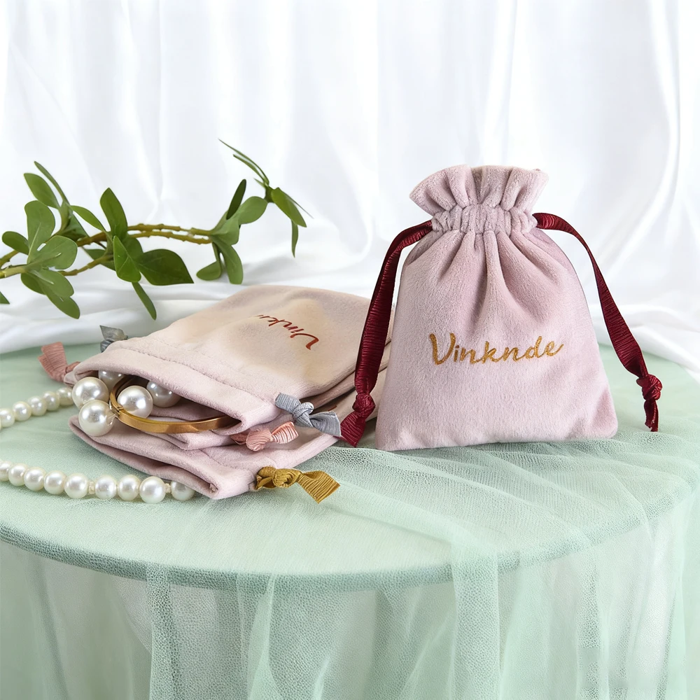 

10*15cm Pink Velvet Drawstring Quality Ribbon Storage Dust Bag Customized Jewelry Earrings Necklace Ring Container Gift Pouch