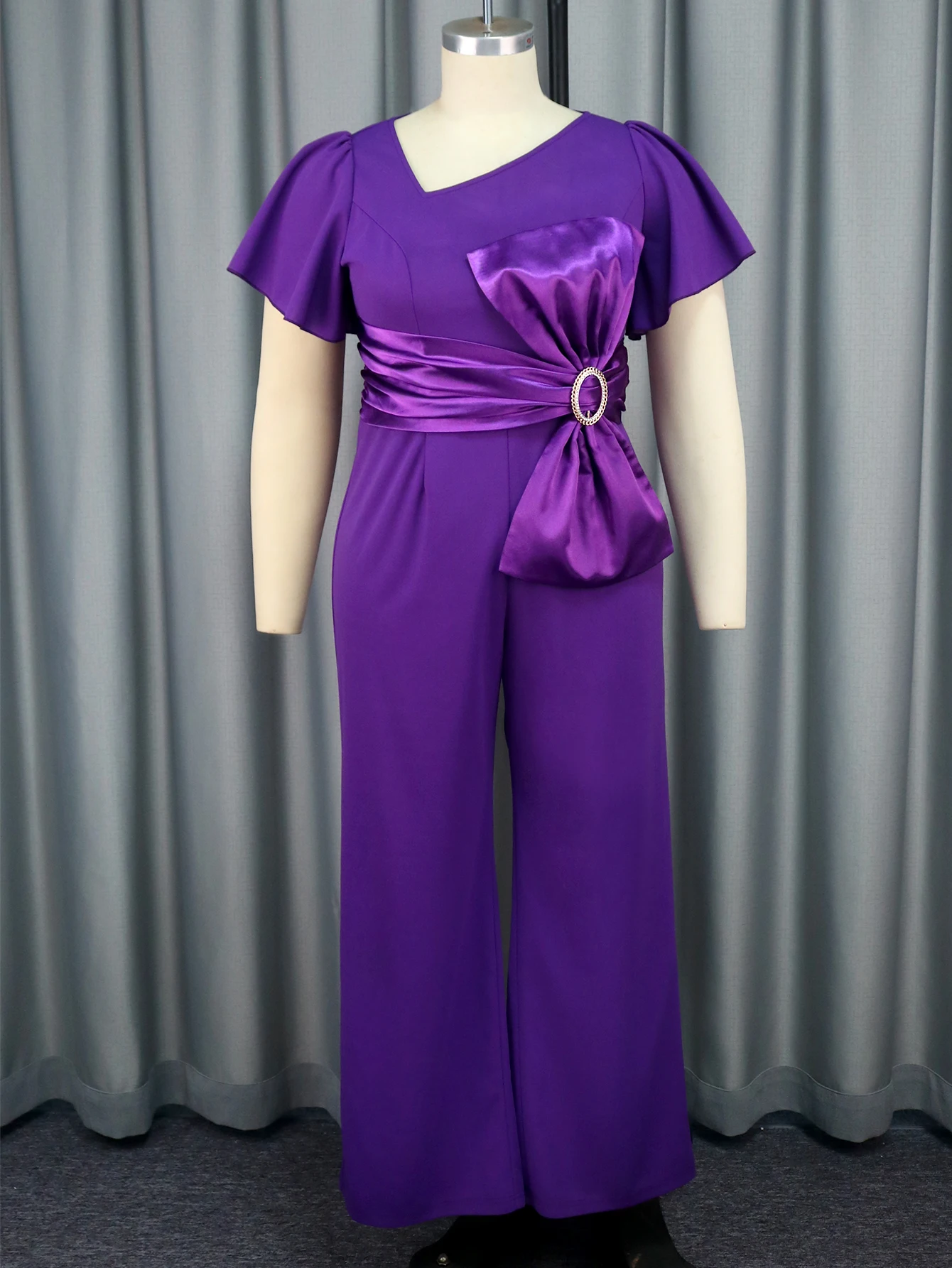 Purple Graceful Jumpsuits for Women Asymmetrical Neck Ruffles Sleeves Patchwork Bow Rompers Fashion Office Lady One Piece Outfit