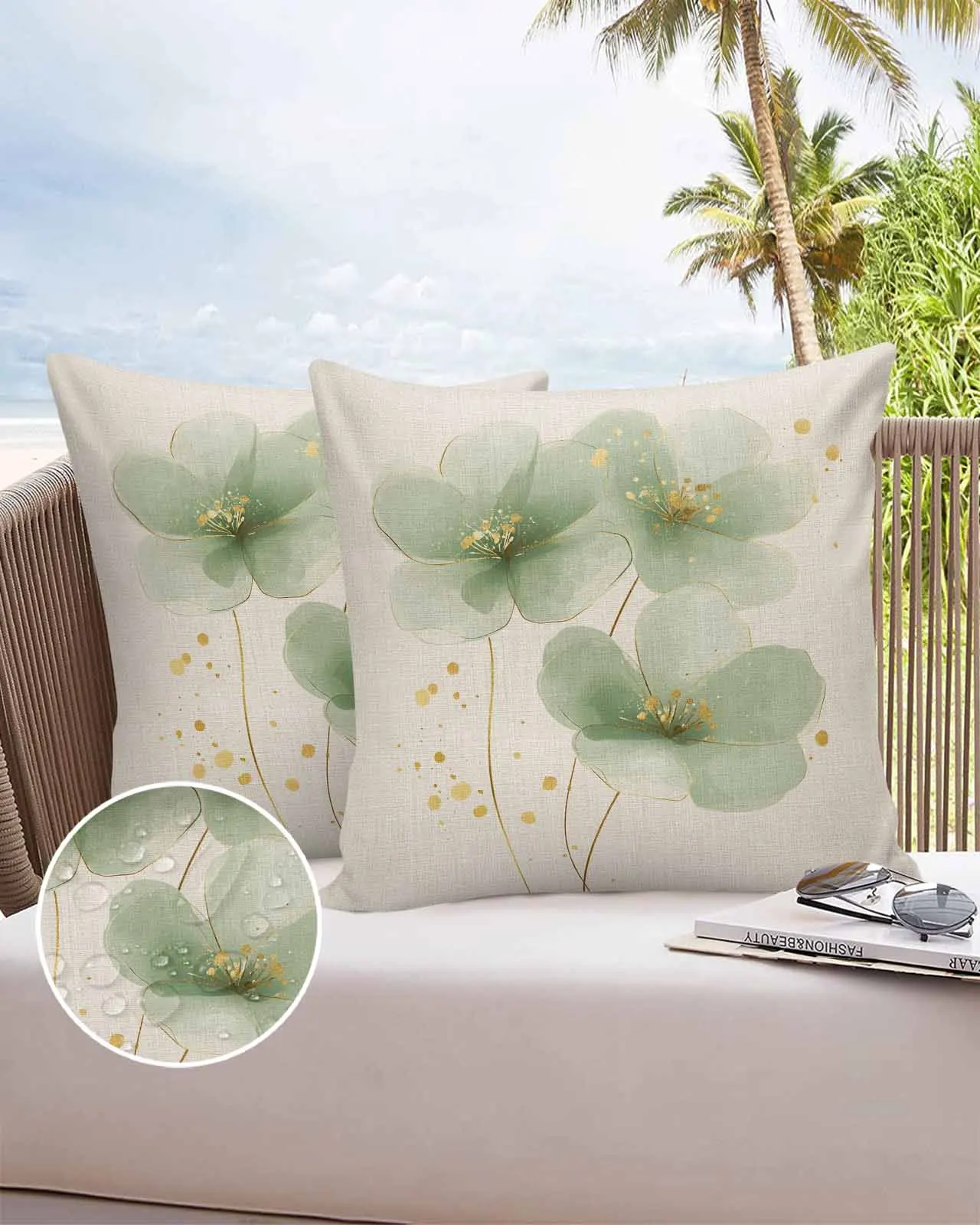 

Linen Background Green Flowers Sofa Cushion Cover Bed Pillow Cover Home Decorative Waterproof Pillow Cases