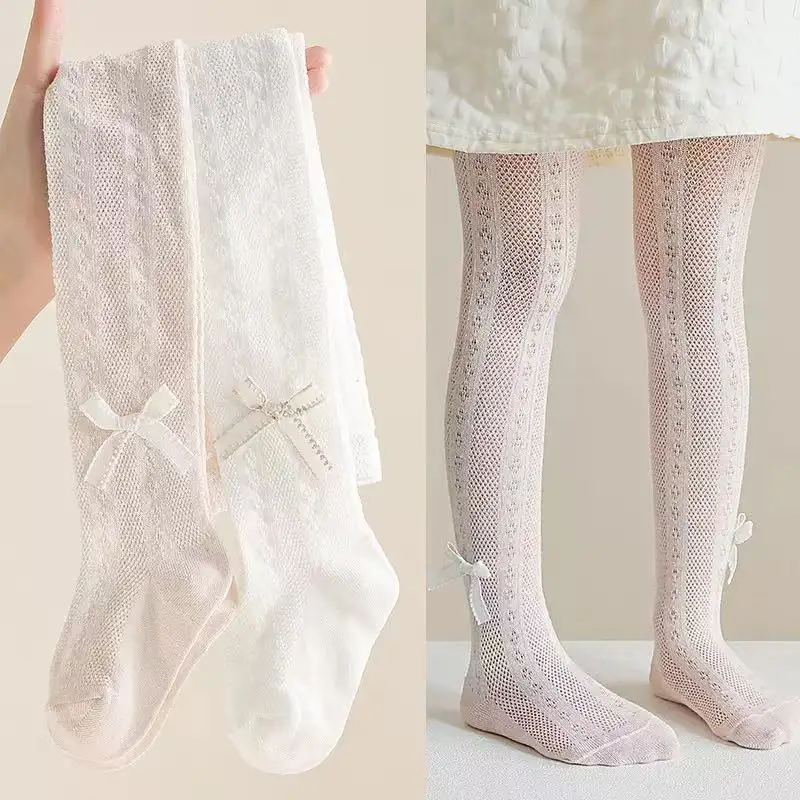 0-8Y Infant Girls Geometry Retro Flower Bow Mesh Thin Pantyhose Cotton Toddler Baby Newborn Kids Breathable Transparent Tights