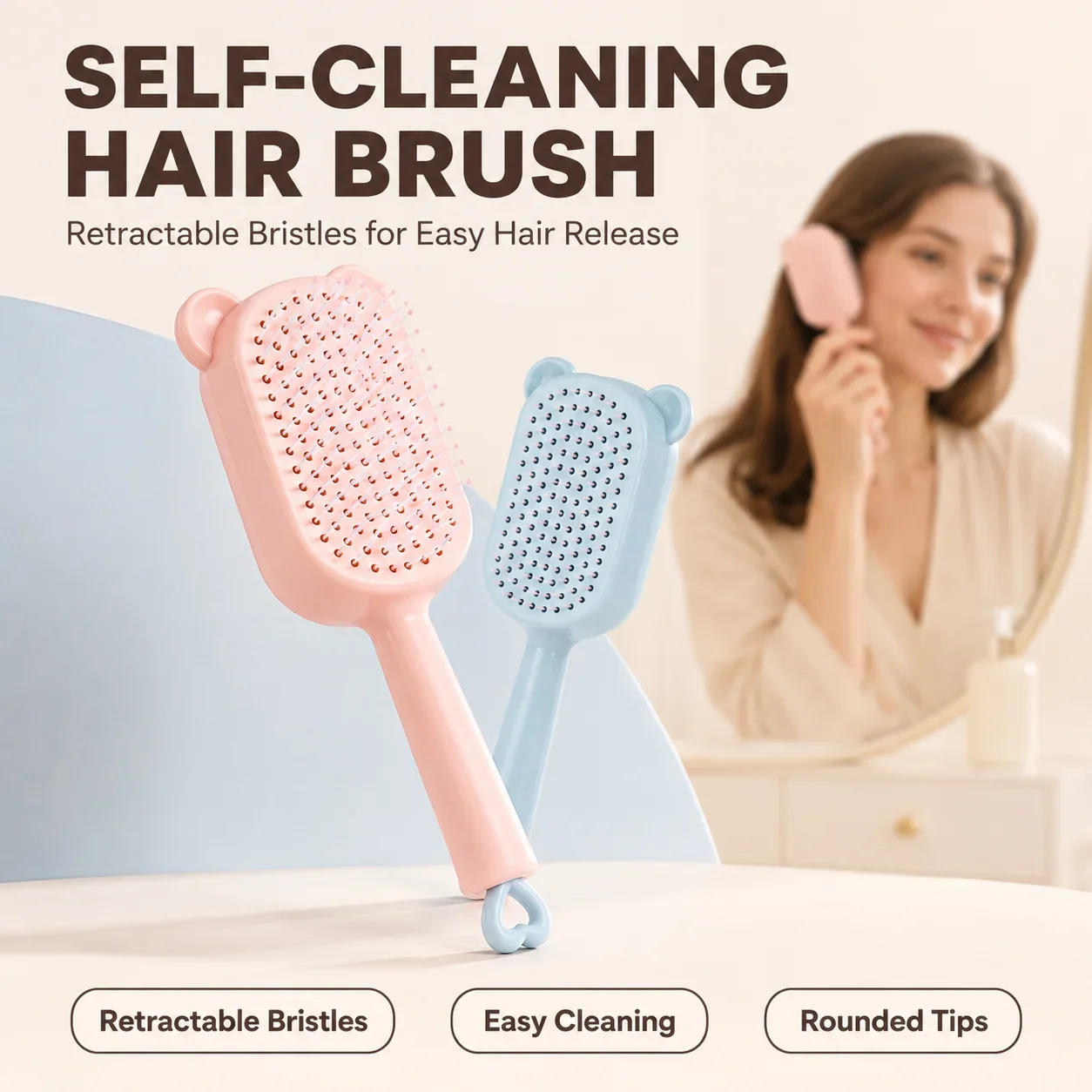 Cute Bear Retractable Air Cushion Hair Brush One‑key Clean Detangling Comb Anti‑Static Massage Scalp Hairbrush for Women Long Ha