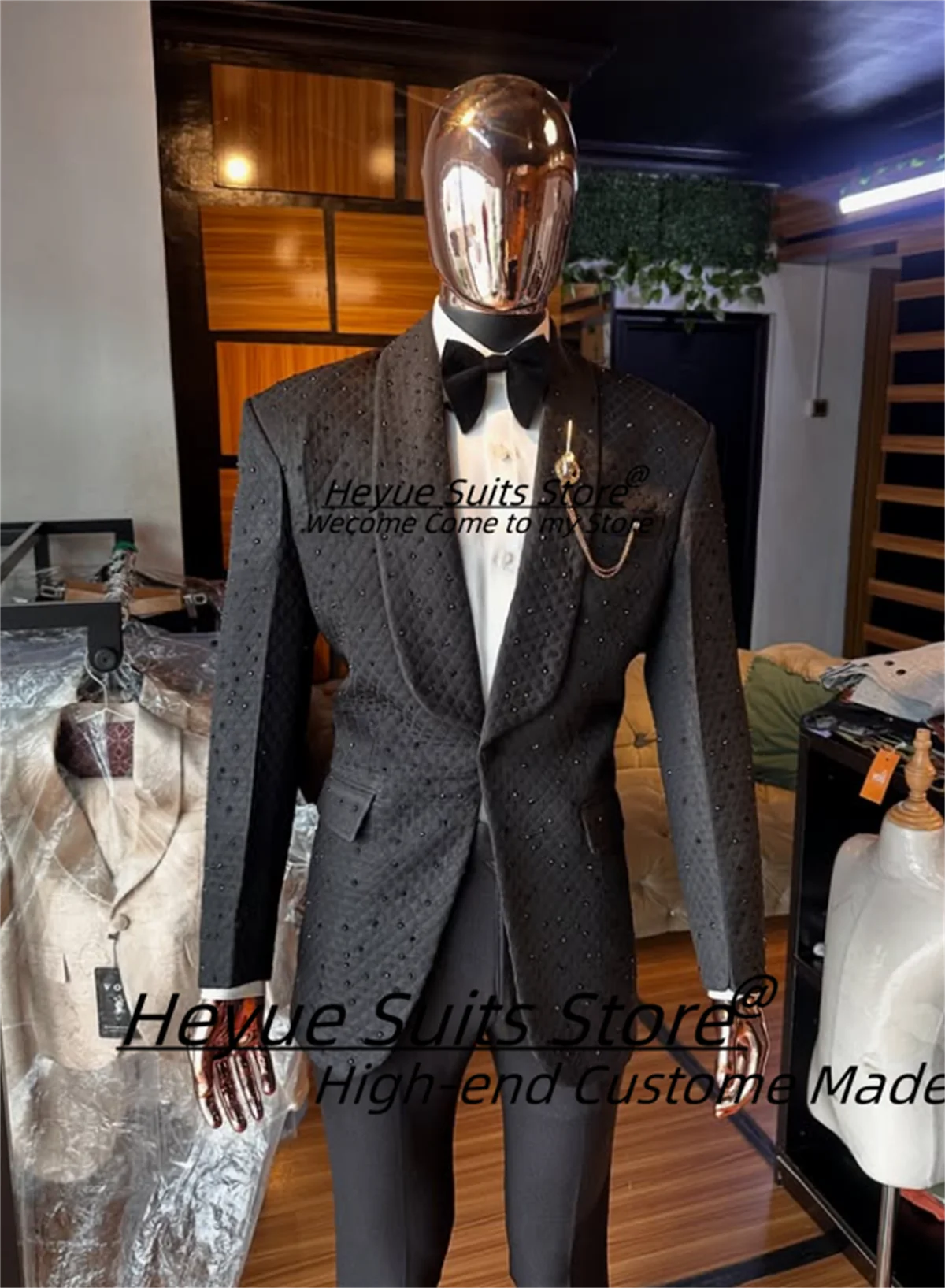 

Luxuly Black Beadwork Men Suits Customized Slim Fit Shawl Lapel Groom Wedding Tuxedos 2 Pcs Sets Male Prom Blazers Costume Homme