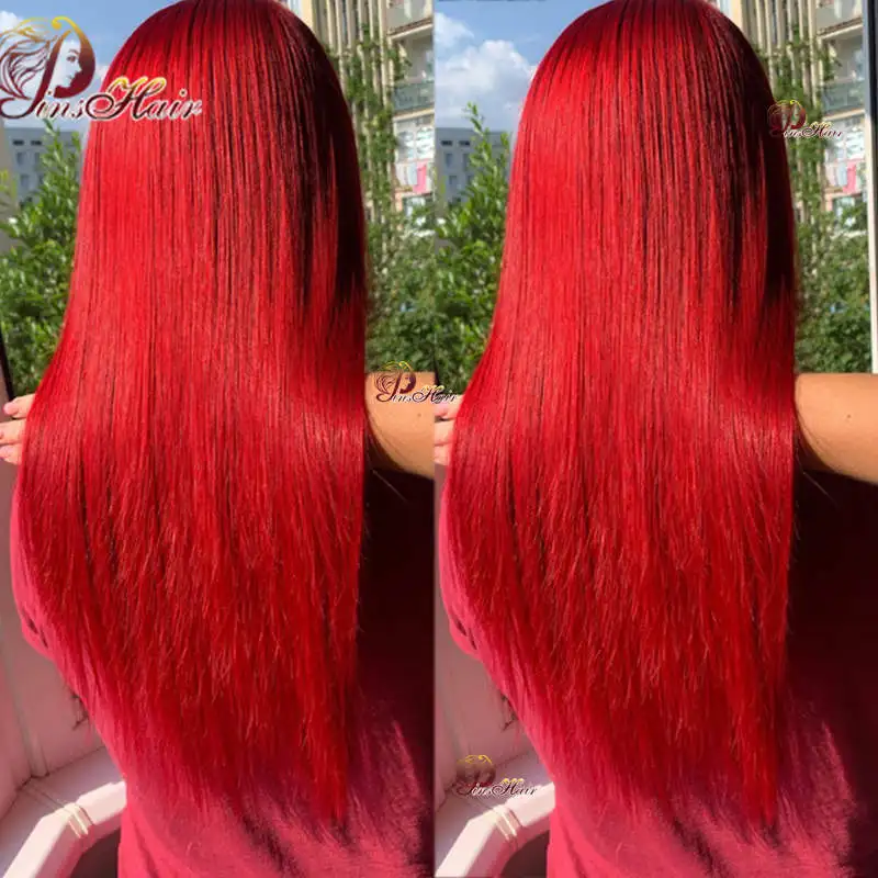 Rode 13X6 Lace Front Menselijk Haar Pruiken Pre Geplukt Rechte 99J Transparant Kant Frontale Pruik Voor Vrouwen remy Haar Vetersluiting Pruik