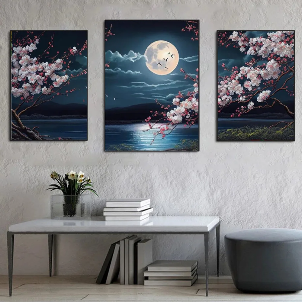 Japanese Cherry Blossom Moon Lake Landscape Canvas Painting Wall Art Set of 3 Aesthetics Poster and Print Living Room Home Decor