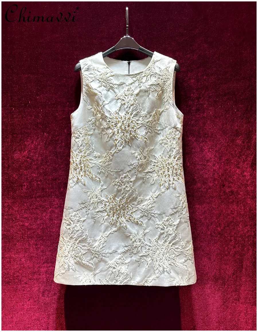 

French Retro Heavy Beaded Elegant Lady Sleeveless A- Line Dress 2024 Summer Dresses New Fashion Round Neck Loose Women's Dress