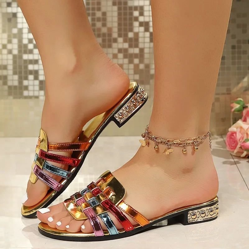 Plus Size Summer Color Block Unique Fashion Low Heel Slides New Hollow-out Outdoor One-strap Sandals Women's