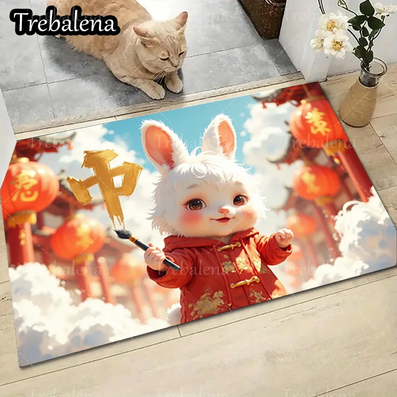 1 قطعة حصيرة باب ترحيب أرنب لطيف في الأحمر زي ممسحة السنة الصينية الجديدة زينة للمنزل