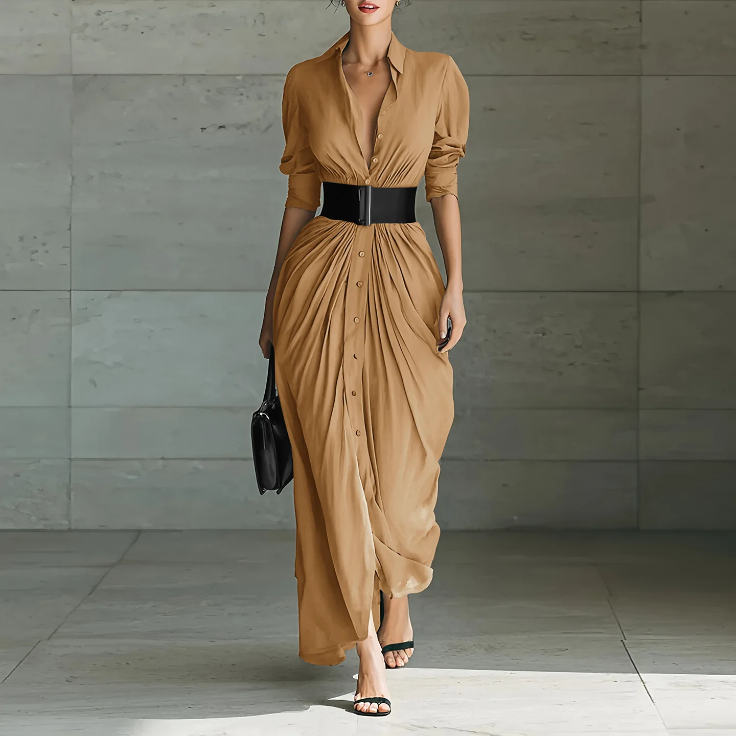 

Women Dresses 2025 Retro Shirt Collar Belted Slim Pleated Long Dress Spring Autumn Single Breasted Long Sleeve Fashionable Dress