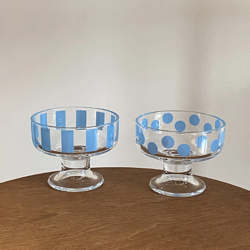 Simple Blue Striped Polka Dot High-legged Dessert Ice Cream Cup and Fresh Glass Yogurt Pudding Cup Household Drinking Utensil