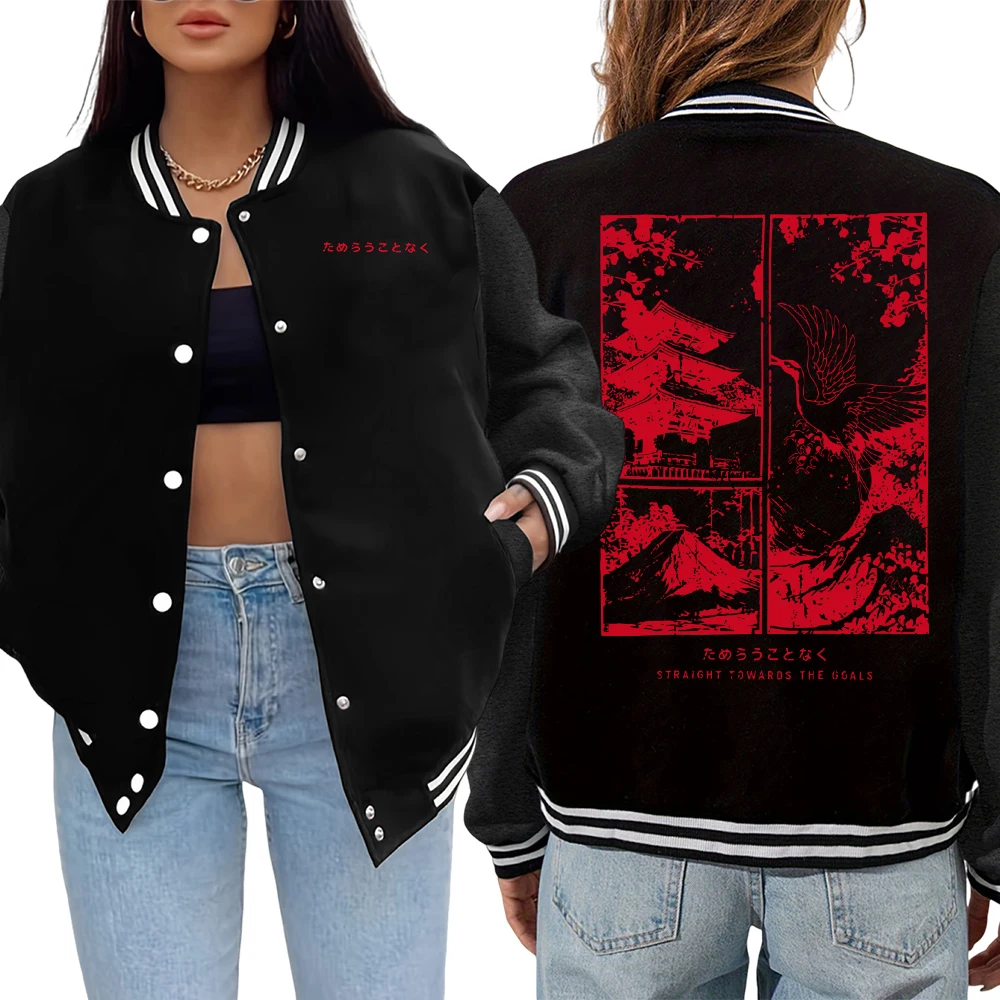 

Japan Building Cherry Bloom Harajuku Crane Pattern Baseball Jersey Women Hip Hop Jacket Loose Warm Jackets Autumn Casual Veste