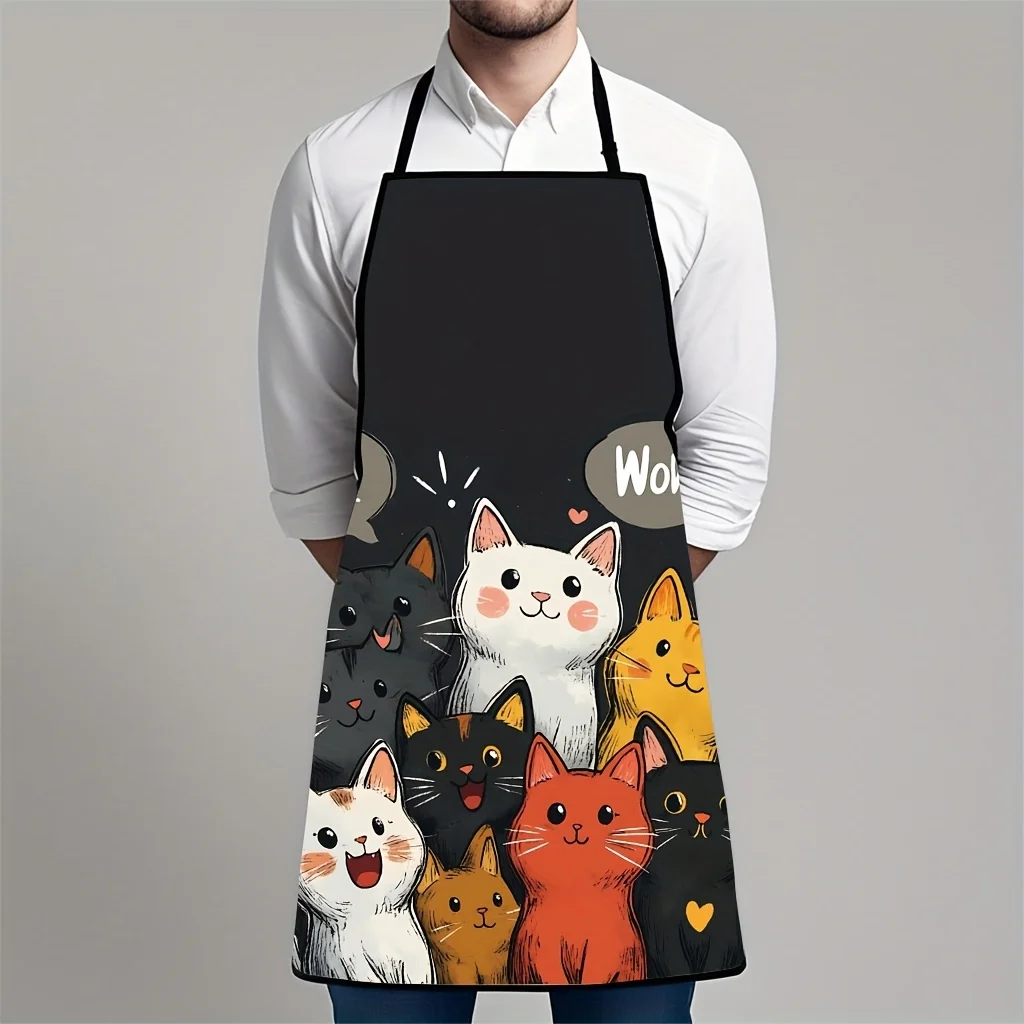 Niedliche Schürze aus Polyester mit Katzenmuster, lebendige Cartoon-Katzen mit Herzen und Sternen-Design, Küchenschürze zum Kochen, Backen, Heimdekoration – Detail 2