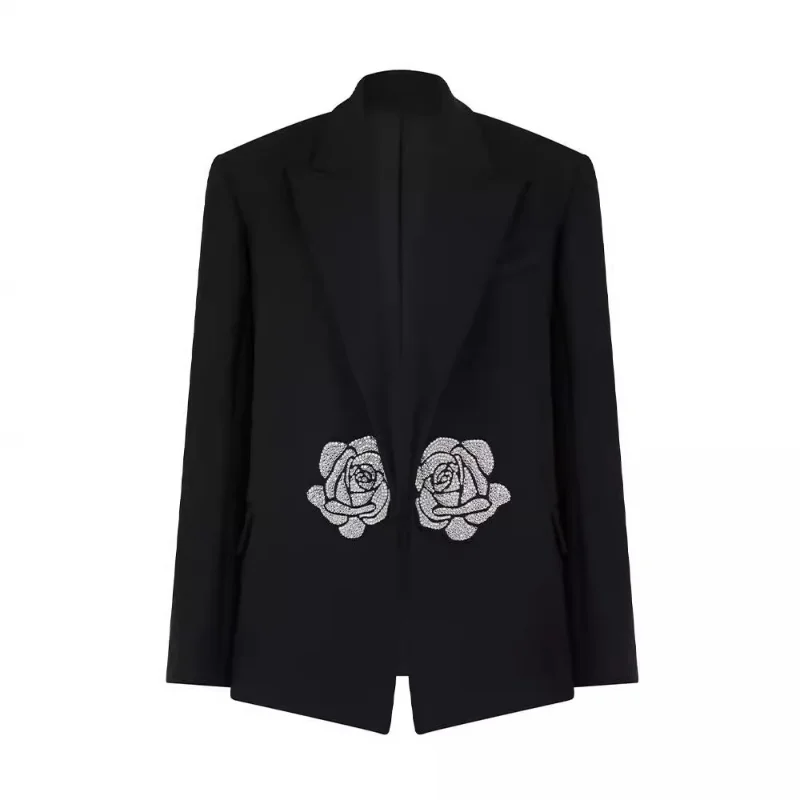 Rose Hot Blazers Diamond Lace-up Suit Jackets Female Temperament Commuter Niche High-end Design Long-sleeved Tops Women Clothing