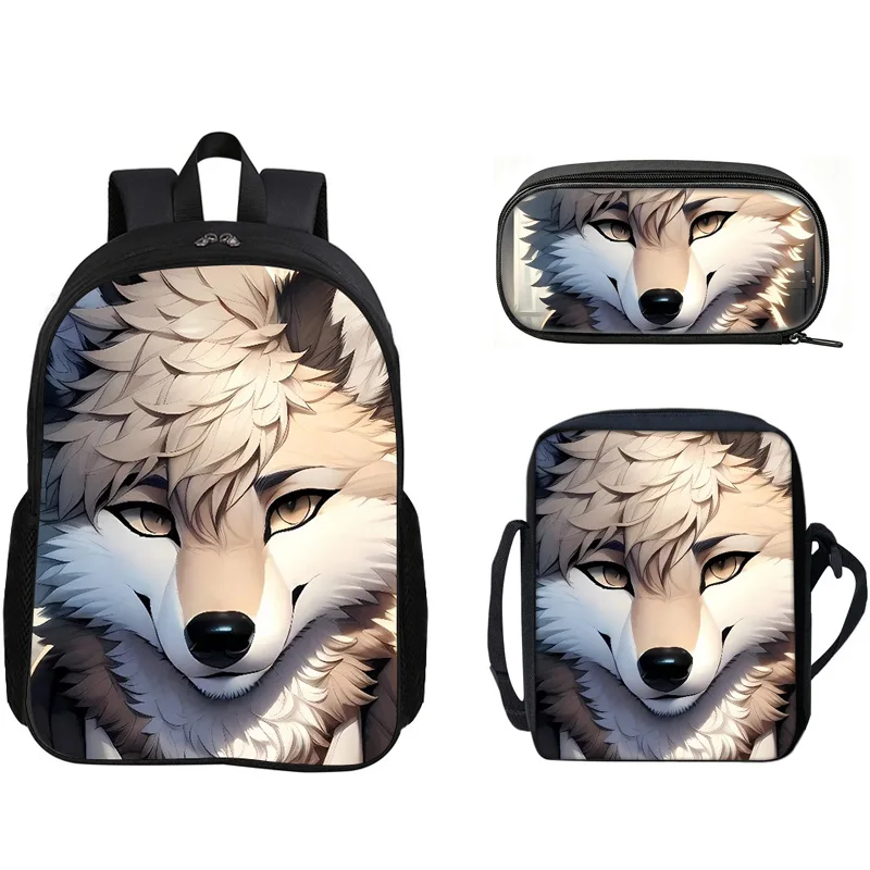 Wolf 3Pcs Set Backpack for Kids Boys Girls Students School Bag Withshoulder Bag Pencil Case Lightweight Large Capacity