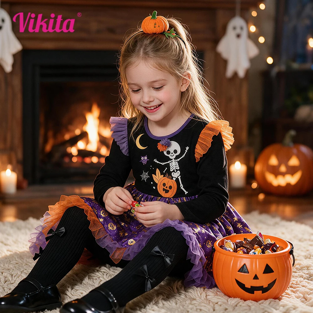 VIKITA Toddlers Halloween Skeleton Dress Kids Long Sleeve Pumpkin Witch Bat Print Party Holiday Cosplay Costumes Outfits