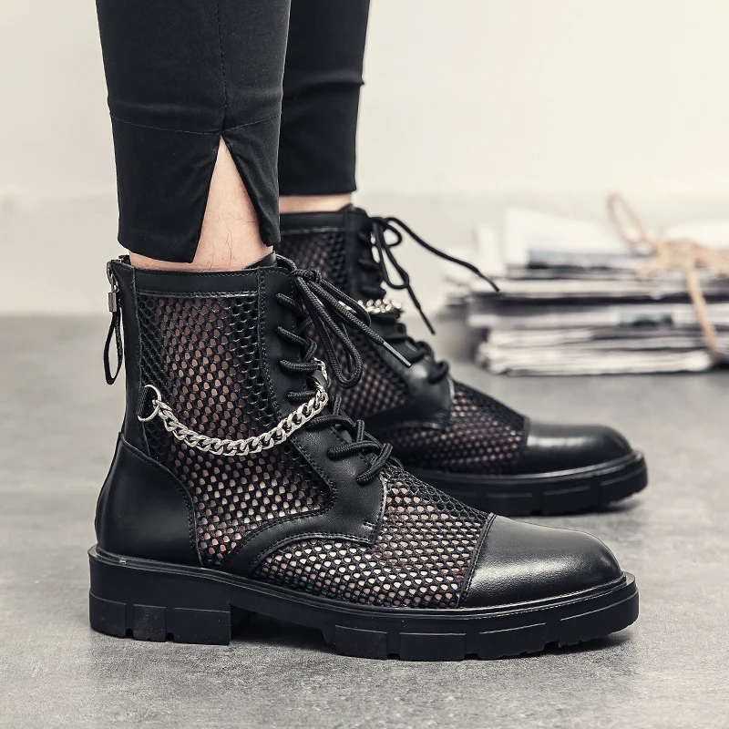 New Fashion Korean Edition Chelsea Boots Men Boots Pointed Black Mesh Face Breathable Lace up Business Dress Boots Size 38-46