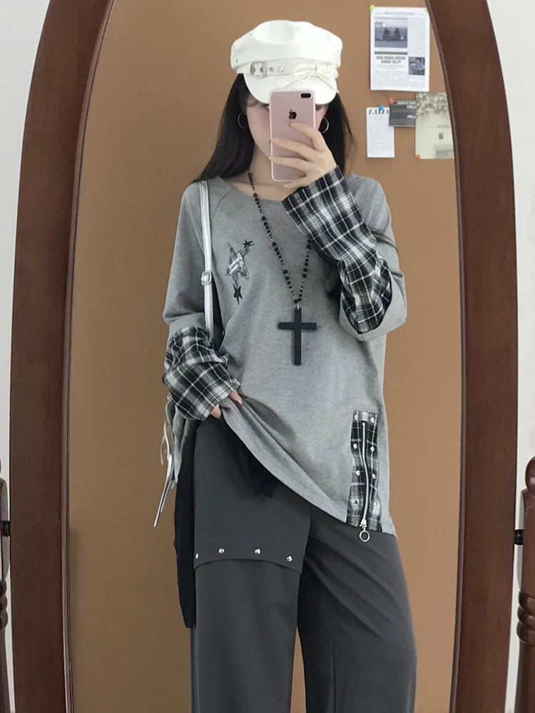 

ay клетчатая асимметричная футболка Long Sve, женские утягивающие брюки с высокой талией, комплект из двух предметов, студенческий Sle, осенняя мода