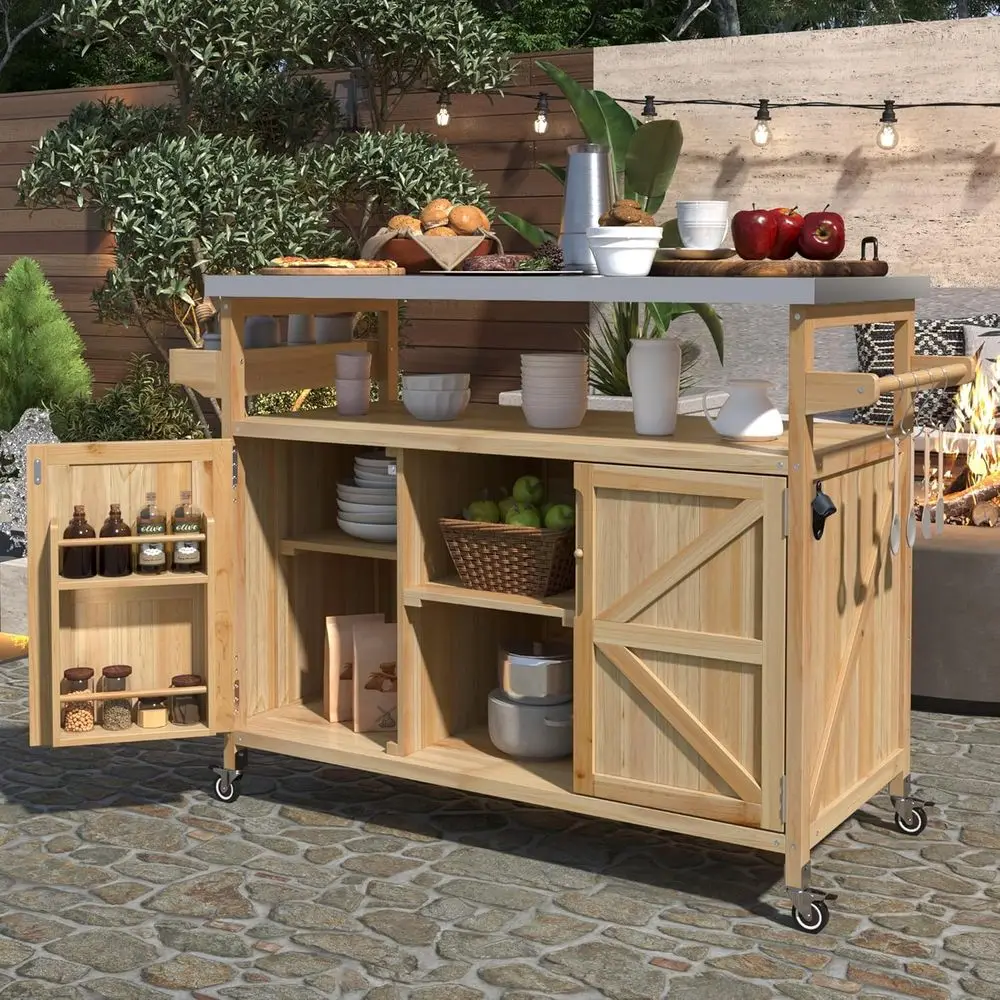 

Solid Wood Rolling Outdoor Kitchen Island with Stainless Steel Top, Spice Rack, and Towel Holder for Barbecue and Dining